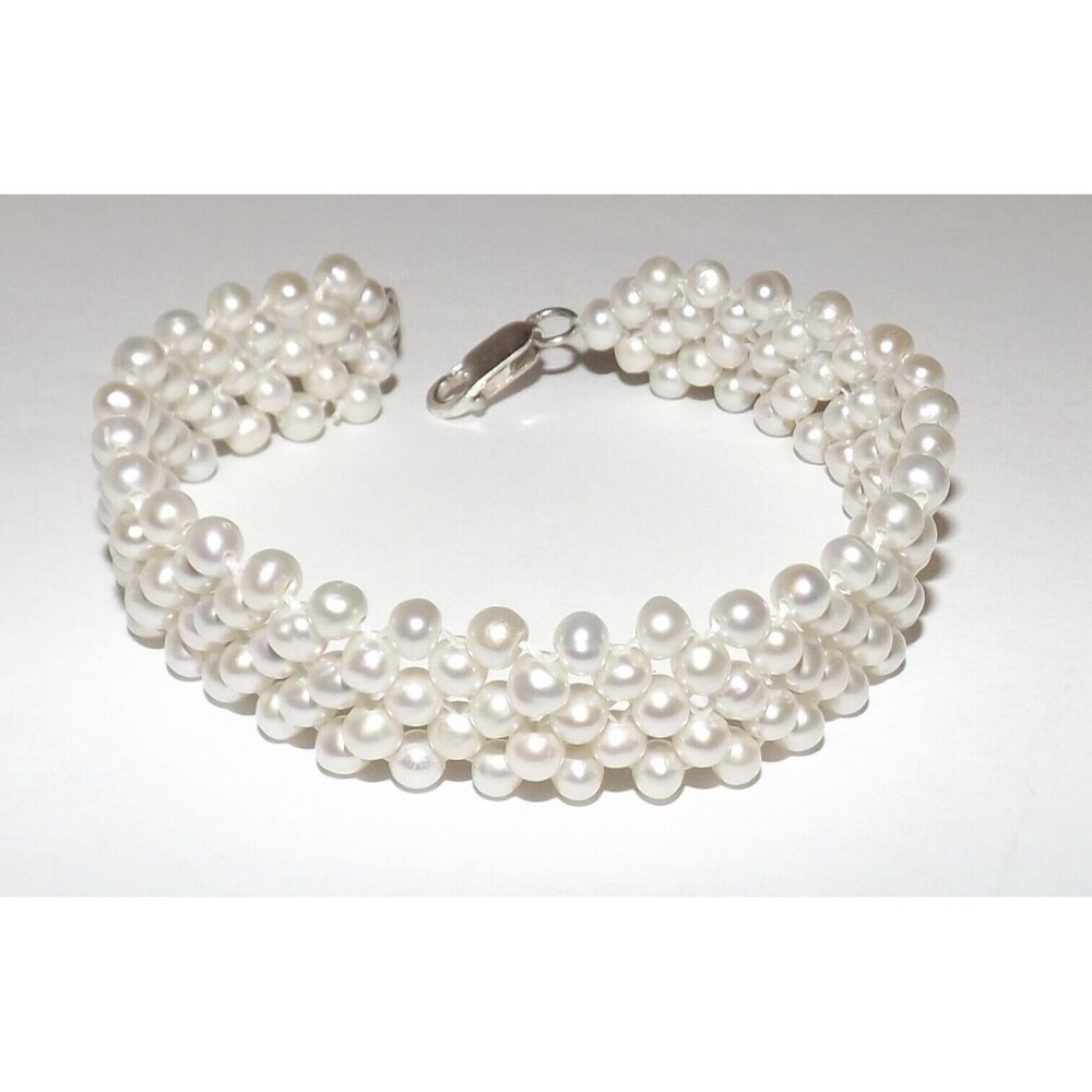 Hand Woven White Cultured Pearl Bracelet Sterling Silver